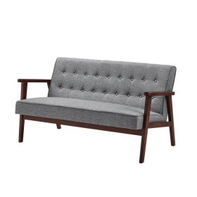 Mid-Century Modern 2-Seat Loveseat Sofa Couch Wood Frame Grey Button Tufted