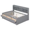 Full Size Wooden Captain Bed with Built-in Bookshelves,Three Storage Drawers and Trundle,Light Grey