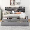 Full Size Wooden Captain Bed with Built-in Bookshelves,Three Storage Drawers and Trundle,Light Grey